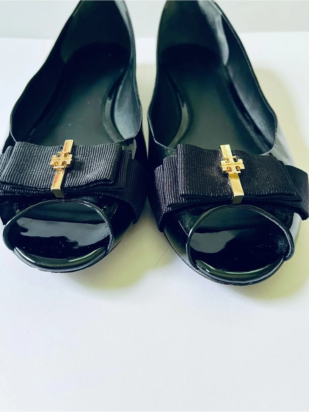 Tory Burch Trudy Black Patent Leather Peep-Toe Bow Flats - Size 10.5 M